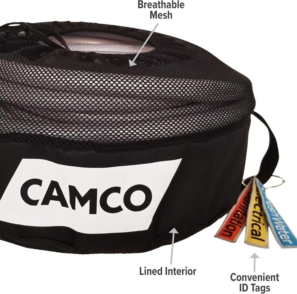 Camco Camper/RV Equipment Storage Bag | Features Lined Interior w/Breathable Mesh Top  Barrel Lock Clasp | Includes 3 Id Tags for RV Storage and Organization | 16” in Diameter x 10” Deep (53097)
