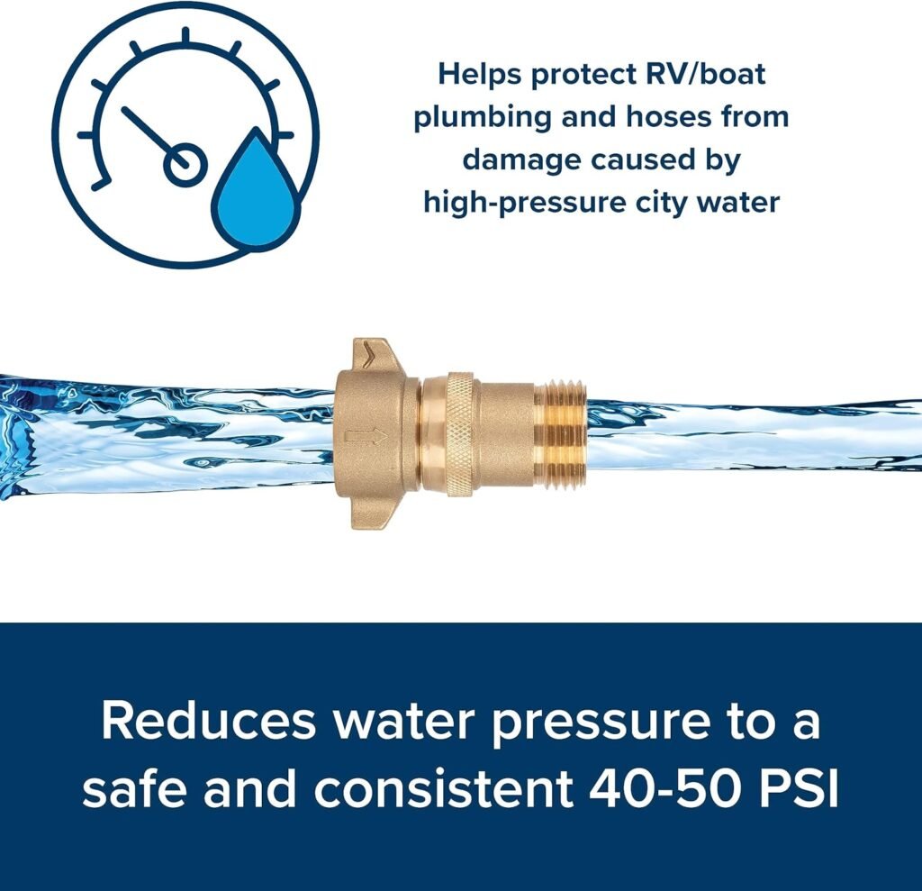Camco Camper/RV Water Pressure Regulator | Protects RV Kitchen Small Appliances, Plumbing  Hoses | Reduces RV Water Pressure to Safe and Consistent 40-50 PSI | Drinking Water Safe (40055)