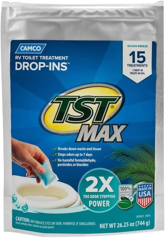 Camco TST MAX Camper/RV Toilet Treatment Drop-INs | Control Unwanted Odors  Break Down Waste and Tissue | Safe Septic Tank Treatment | Orange Scent, 30-Pack (41183)