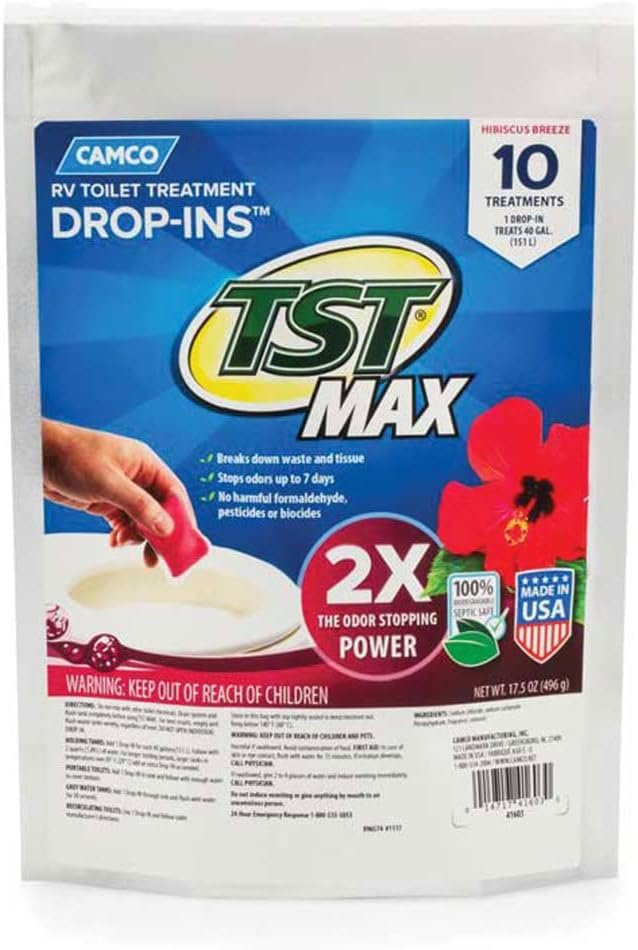 Camco TST MAX Camper/RV Toilet Treatment Drop-INs | Control Unwanted Odors  Break Down Waste and Tissue | Safe Septic Tank Treatment | Orange Scent, 30-Pack (41183)