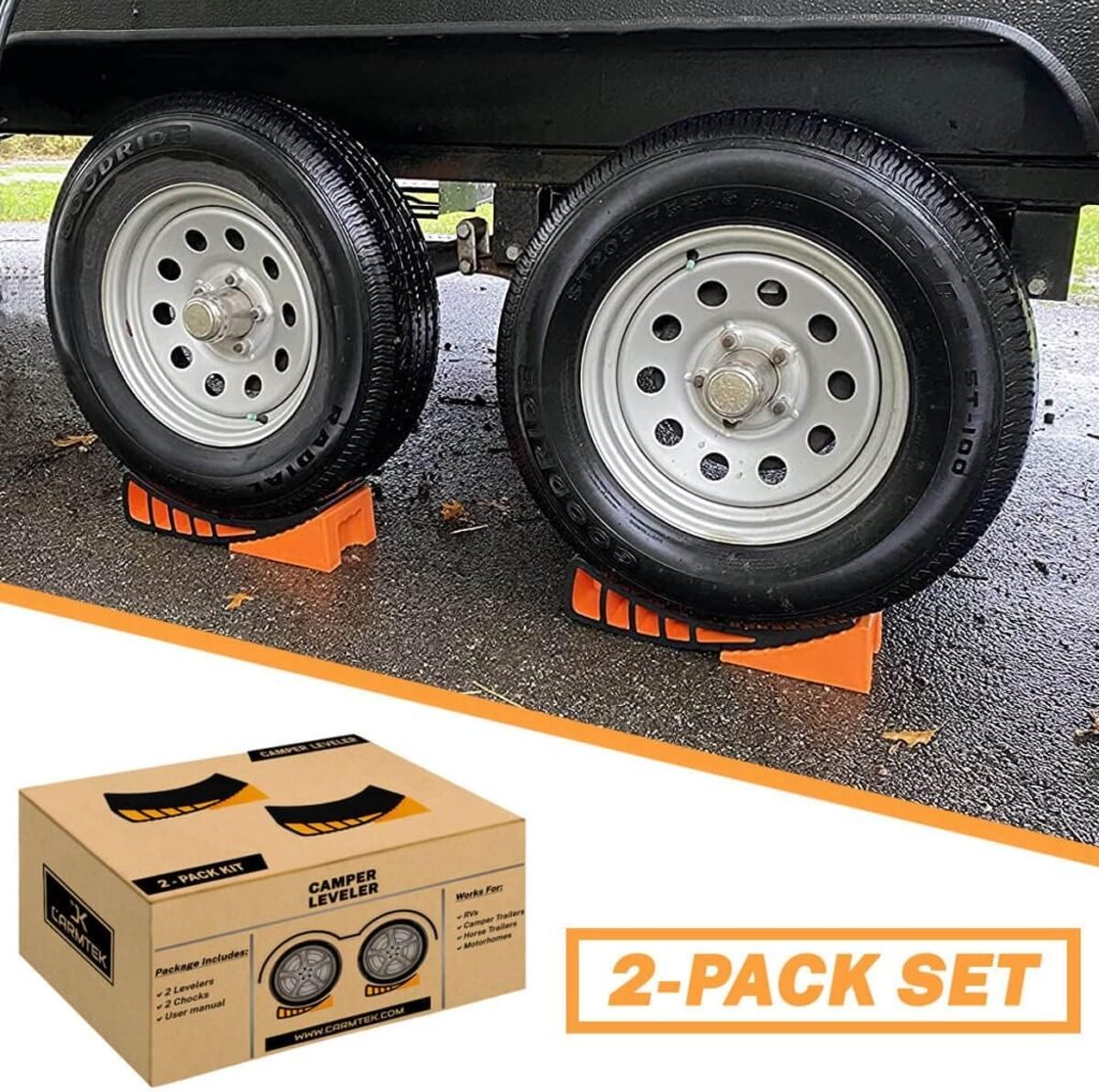 CARMTEK Camper Leveler 2-Pack Kit | Curved RV Levelers with Trailer Wheel Chocks for Dual Axle Trailers | Faster RV Leveling System Than RV Leveling Blocks | RV Accessories for Travel Trailers