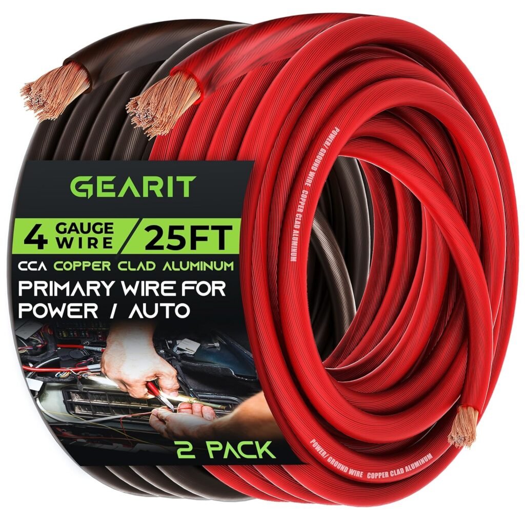 GearIT 4 Gauge Wire (25ft Each- Black/Red Translucent) Copper Clad Aluminum CCA - Primary Automotive Wire Power/Ground, Battery Cable, Car Audio Speaker, RV Trailer, Amp, Electrical 4ga AWG 25 Feet