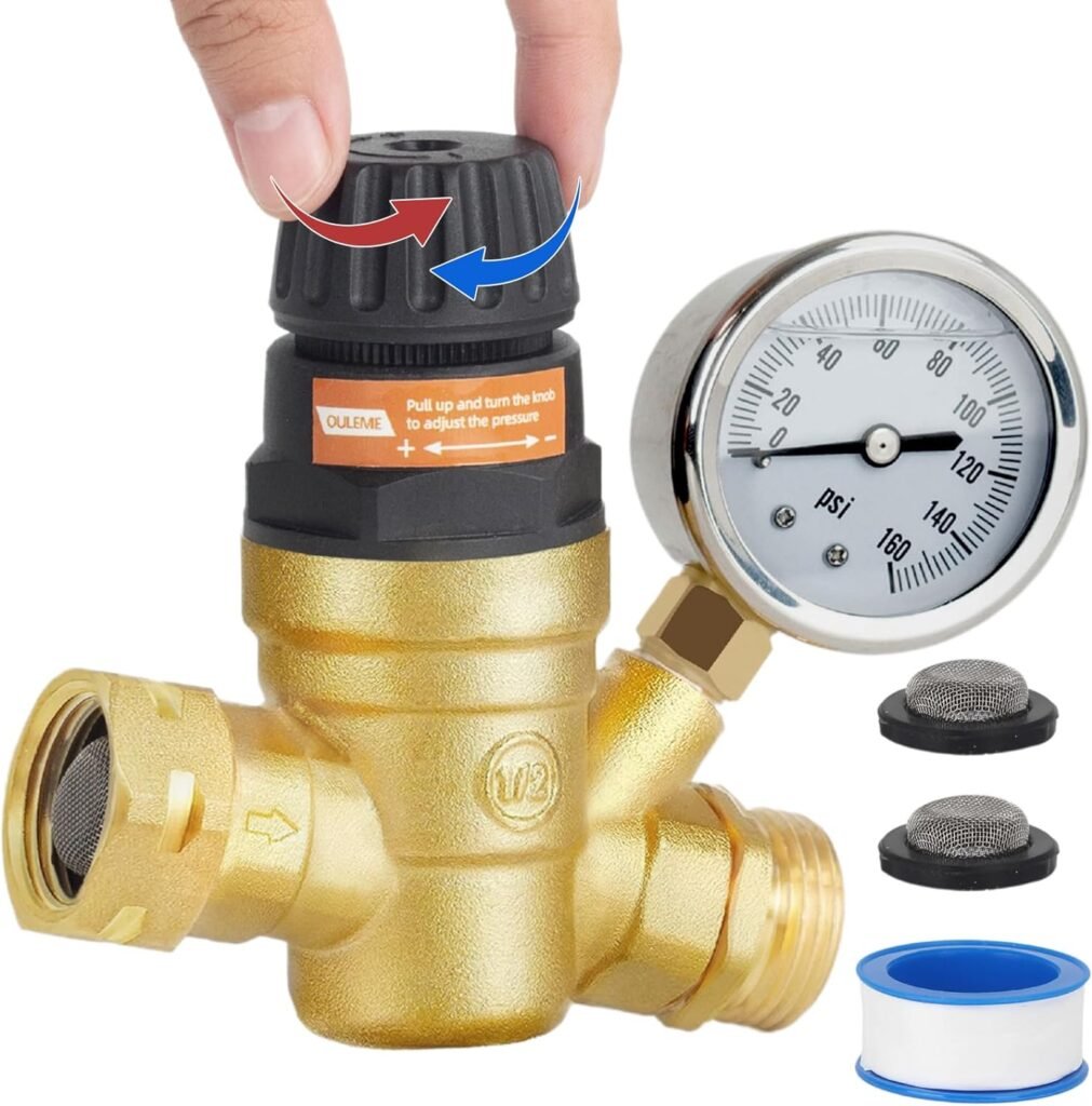 OULEME RV Water Pressure Regulator Valve with Handle Adjustable, Silicone Oil Gauge, Double Filters, Brass Lead-Free and 3/4 Connector for Camper Travel Trailer Water Pressure Control