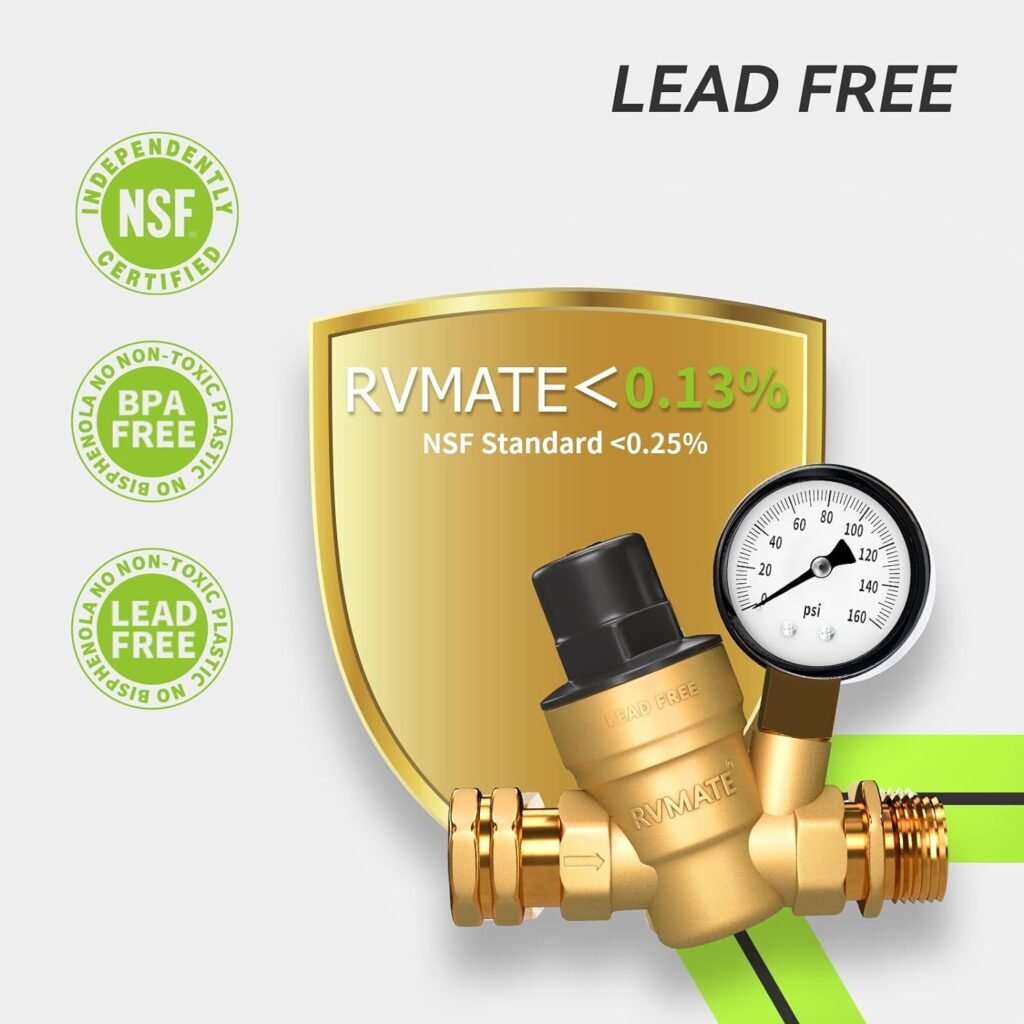RVMATE RV Water Pressure Regulator, Brass Lead-Free Water Pressure Reducer Kit, Adjustable Valve with Inlet Screen Filter, for Camper Travel Trailer