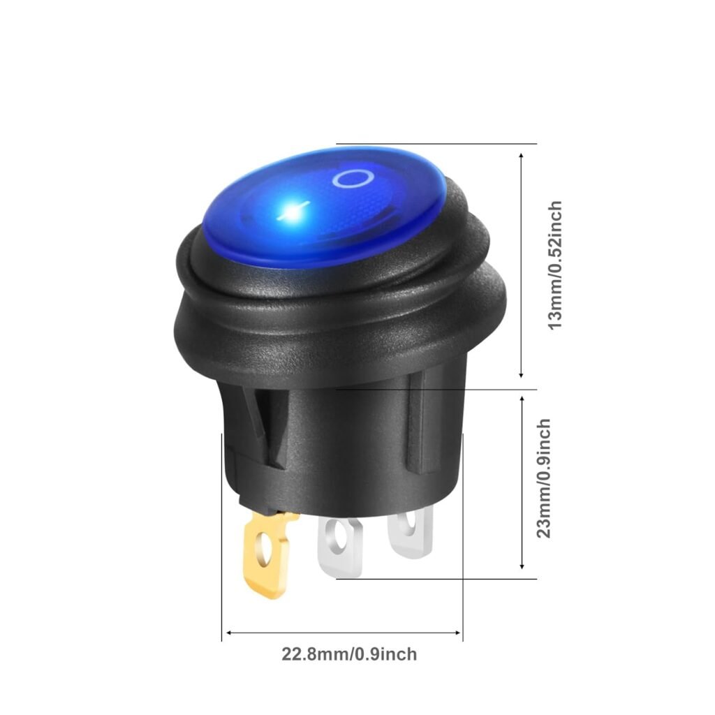 Waterproof On Off Round Rocker Switches SPST 3 Pin 12V 20A Illuminated Blue Light Toggle Power Switch Snap-in Design Electrical Switch with 20mm Wires for Car Marine Boat Golf Cart RV – 4 Pack
