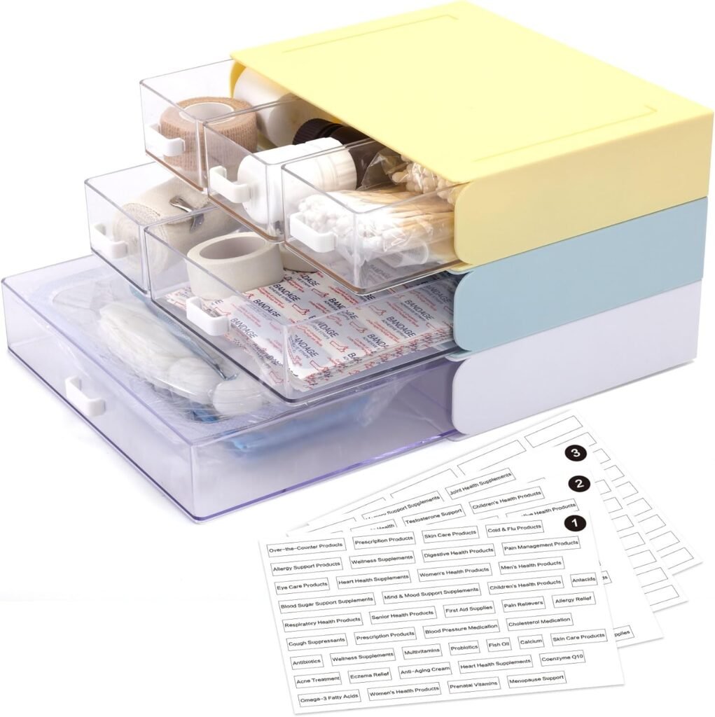 Brippo 3-Tier Stackable Storage Drawers for Medication Organizer, Durable Plastic Medicine Cabinet Organizer for First Aid Supplies and Health Essentials, Cabinet, Vanity or Desktop Organizer
