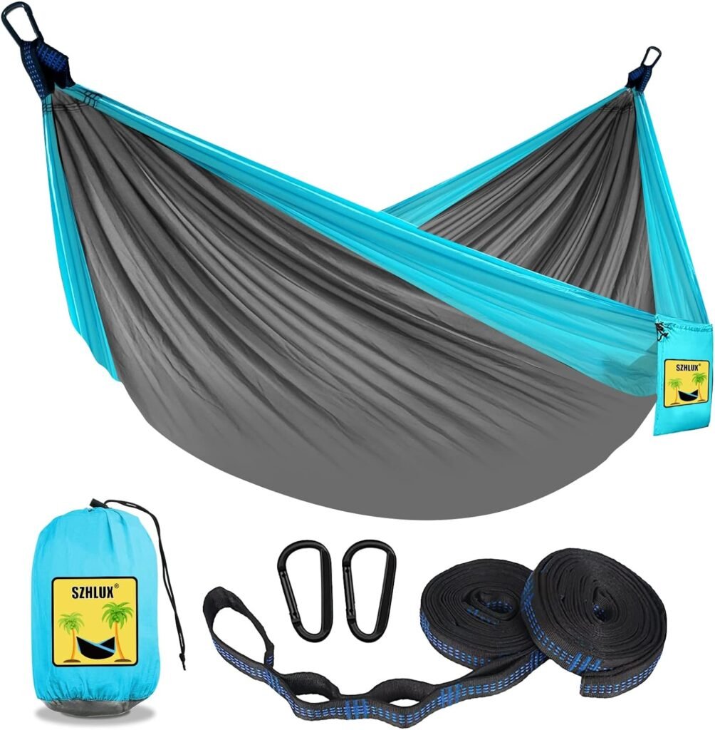 SZHLUX Camping Hammock Double  Single Portable Hammocks with 2 Tree Straps and Attached Carry Bag,Great for Outdoor,Indoor,Beach,Camping,Light Grey/Sky Blue